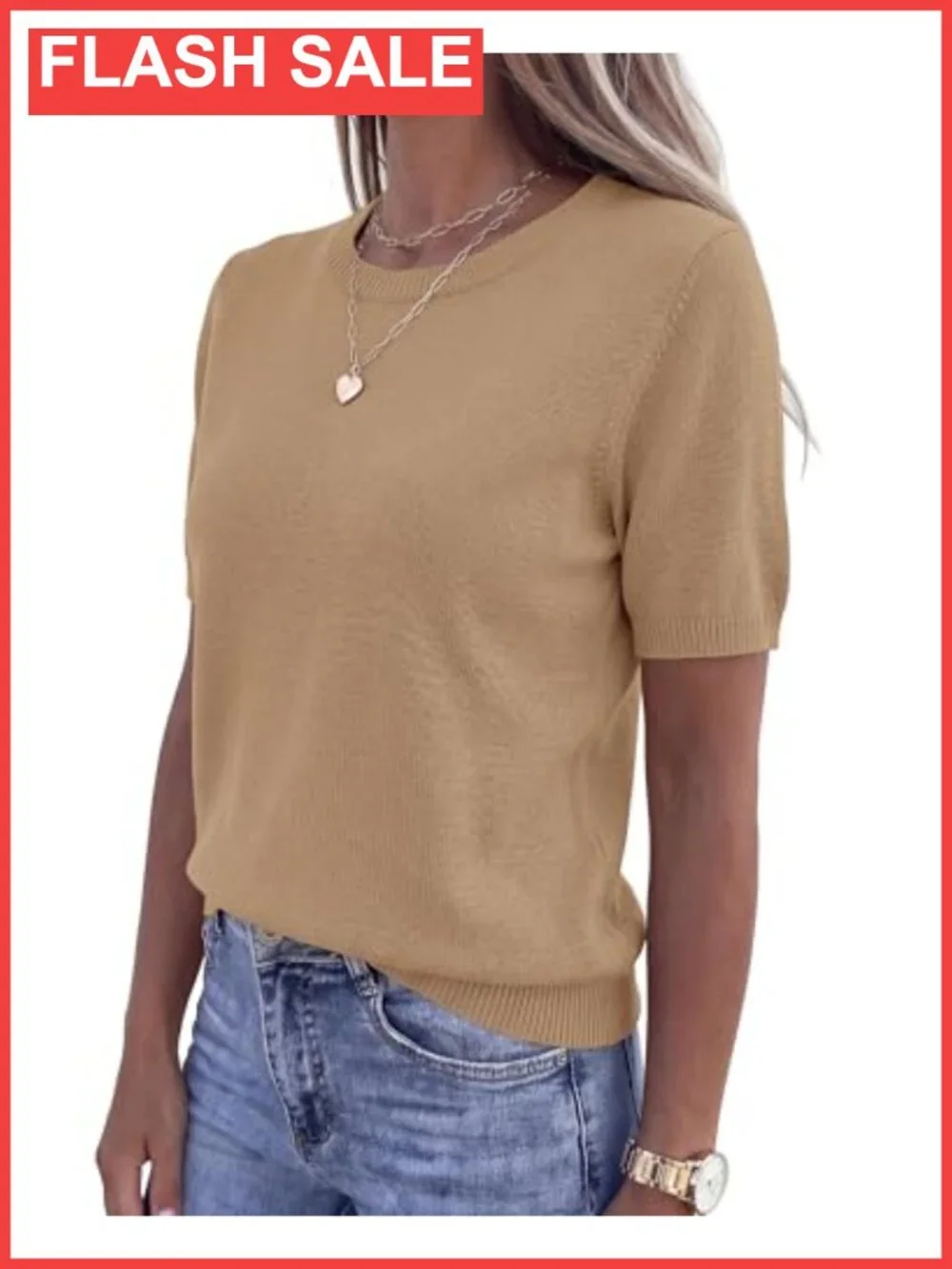 Womens Short Sleeve Crew Neck Pullover Sweater Lightweight Knit Top